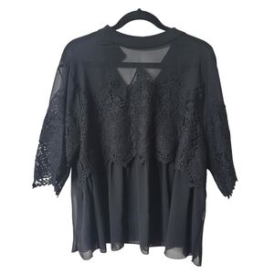 Chic Black Sheer Blouse with Lace Detail Size XXL